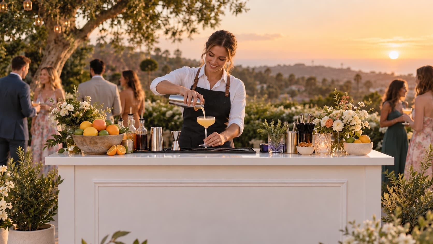 Illustrative woman bartender preparing a cocktail behind a portable bar at an outdoor sunset event